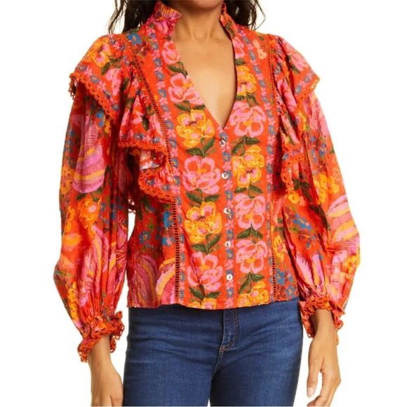 Farm Rio Shirt Women Spring Banana Floral Ruffle Puff Sleeve Boho Artsy Sz S NWT - Picture 1 of 17